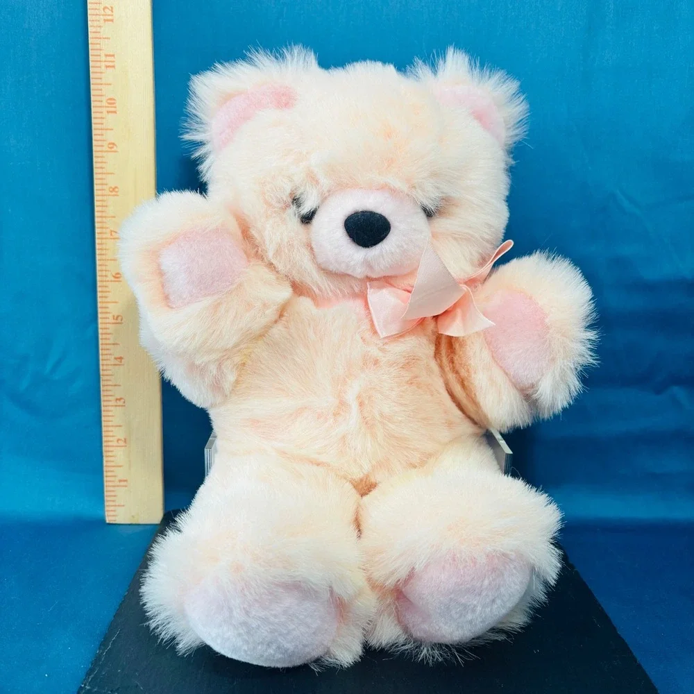 Vintage Royal Plush Toys Peach Teddy Bear Pink Bow Soft Faux Fur 12